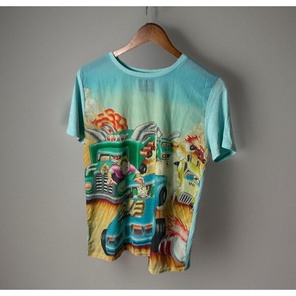 Rare Capcom X Galaxy The Speed Rumbler Arcade AOP T Shirt Blue Retro Japanese - Picture 1 of 4